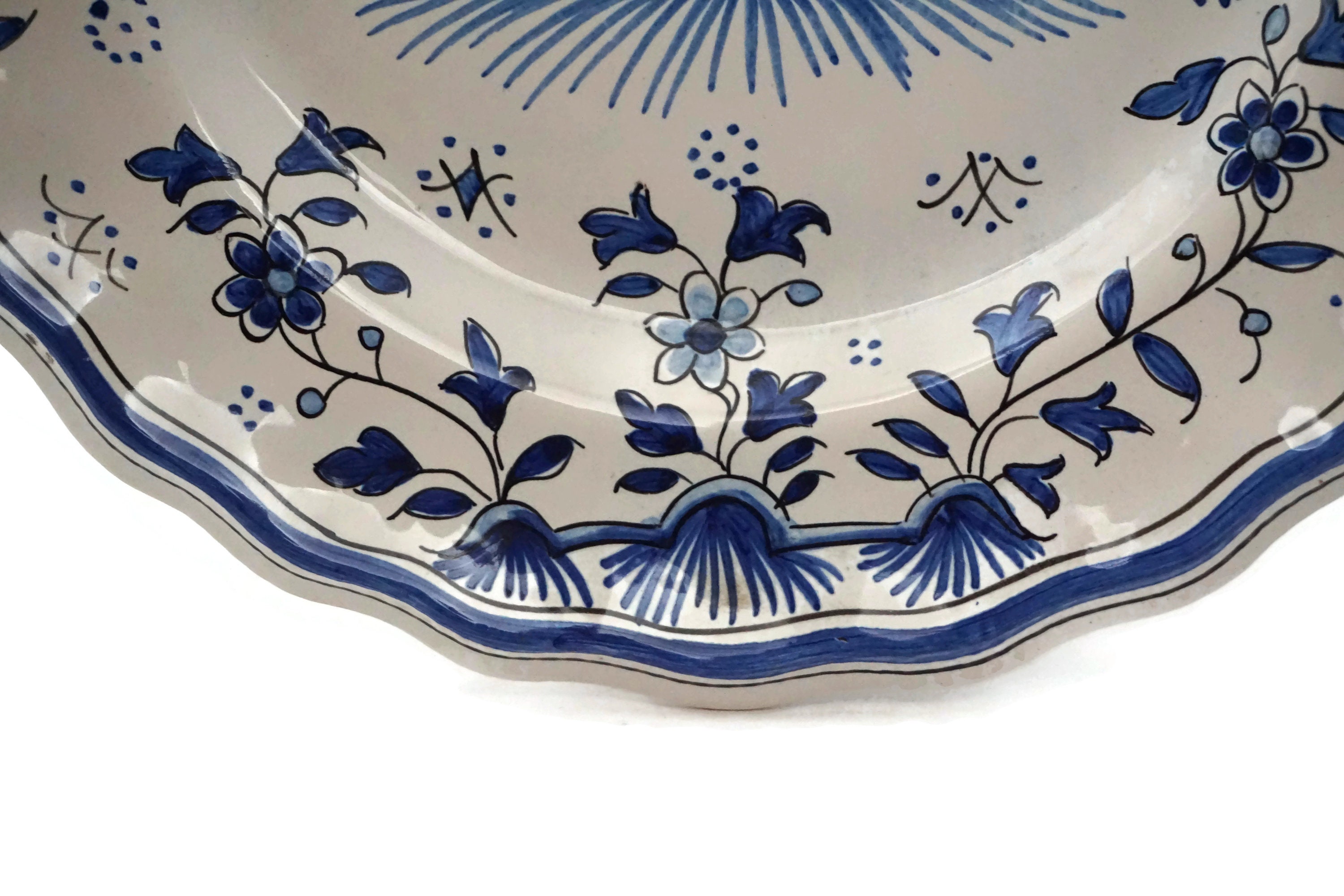 RESERVED for Alan. French Faience Kitchen Wall Plate, Hand Painted Blue