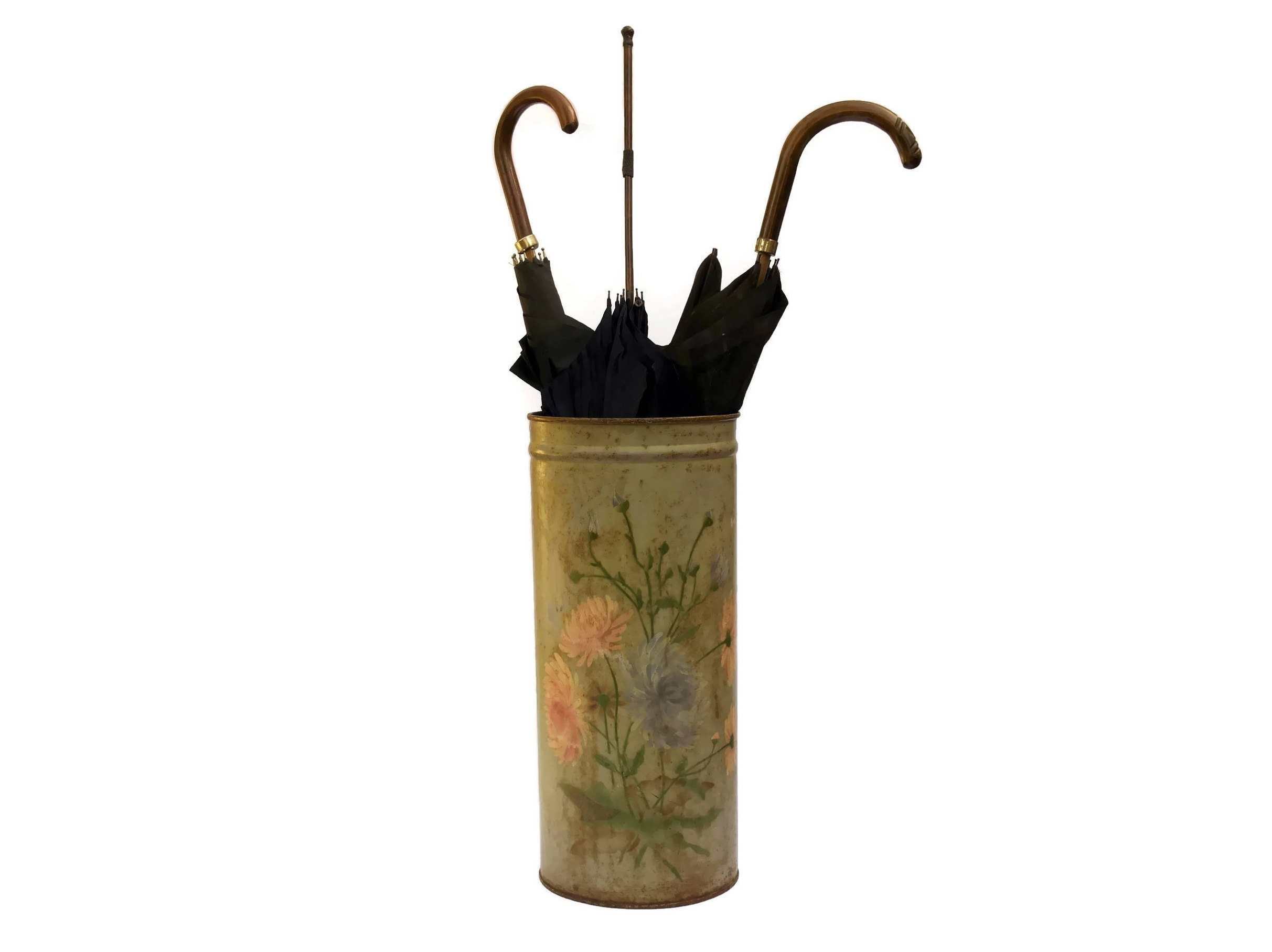 Antique Umbrella Holder and Walking Stick Stand with Hand Painted Flowers.