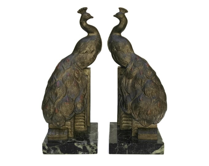 Art Deco Peacock Bookends. Vintage Peacock Figures and Marble Bookends