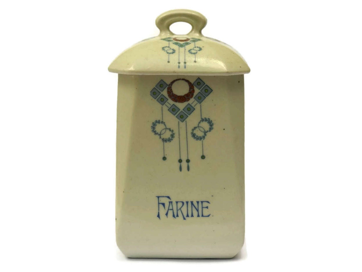 Art Nouveau Ceramic Flour Canister. Antique French Kitchen Storage.