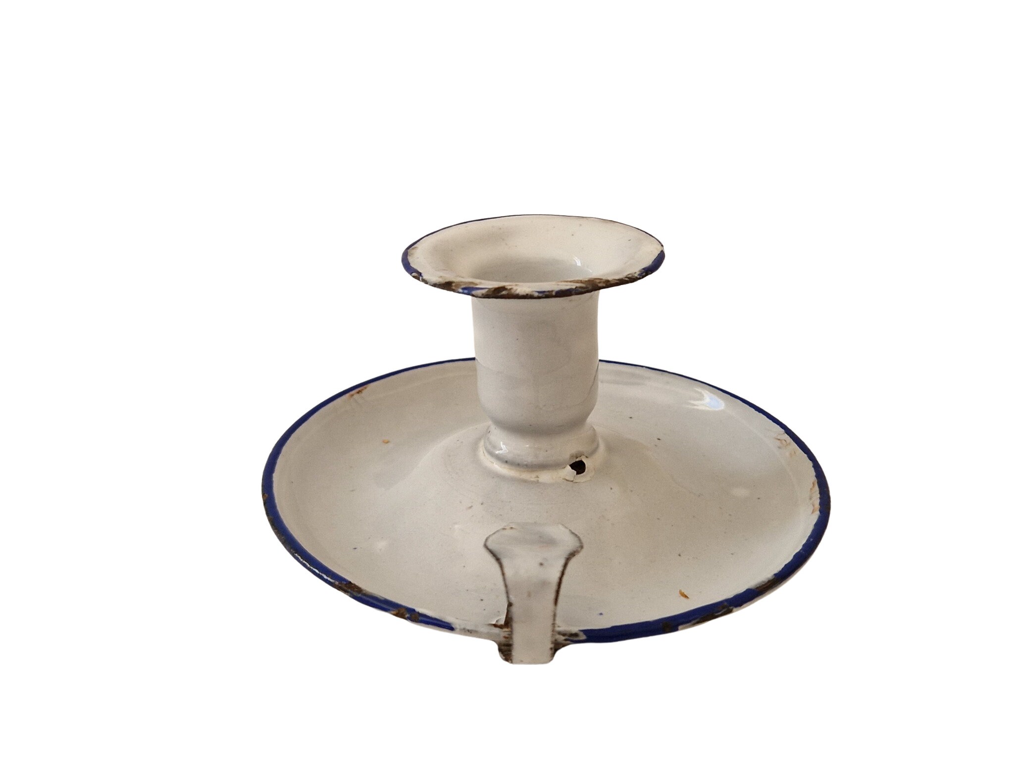 Antique Shabby French Enamel Candlestick Holder with Handle, Enamelware