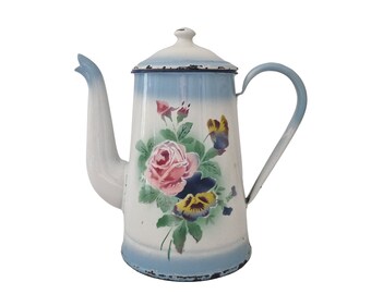French Enamel Coffee Pot with Roses and Pansies Flowers, Coffee Lover Gift, Country Kitchen Decor