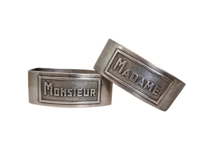 French Madame and Monsieur Silver Plated Napkin Rings, Art Deco Mr & Mrs Serviette Holders, Wedding Gift for Couple