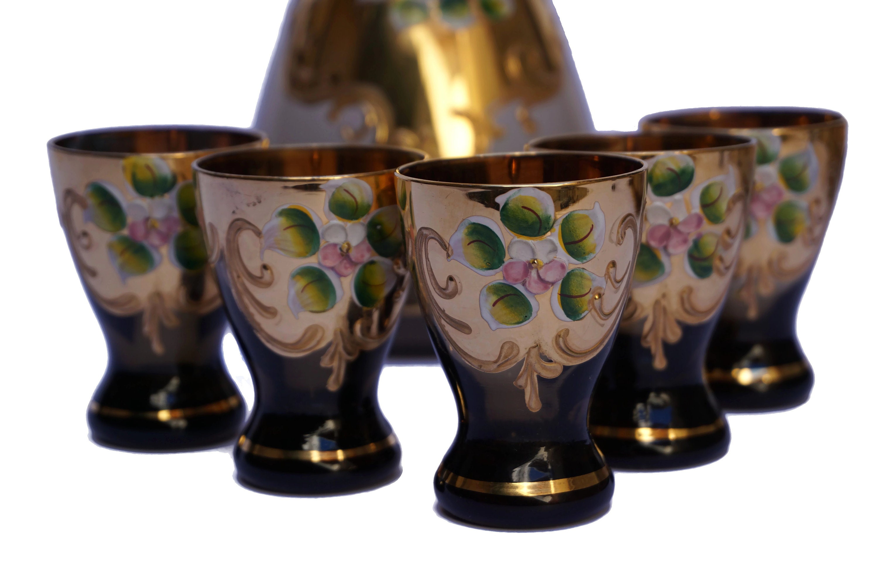 Murano Glass Decanter Set with Florentine Drinks Tray, Vintage Italian