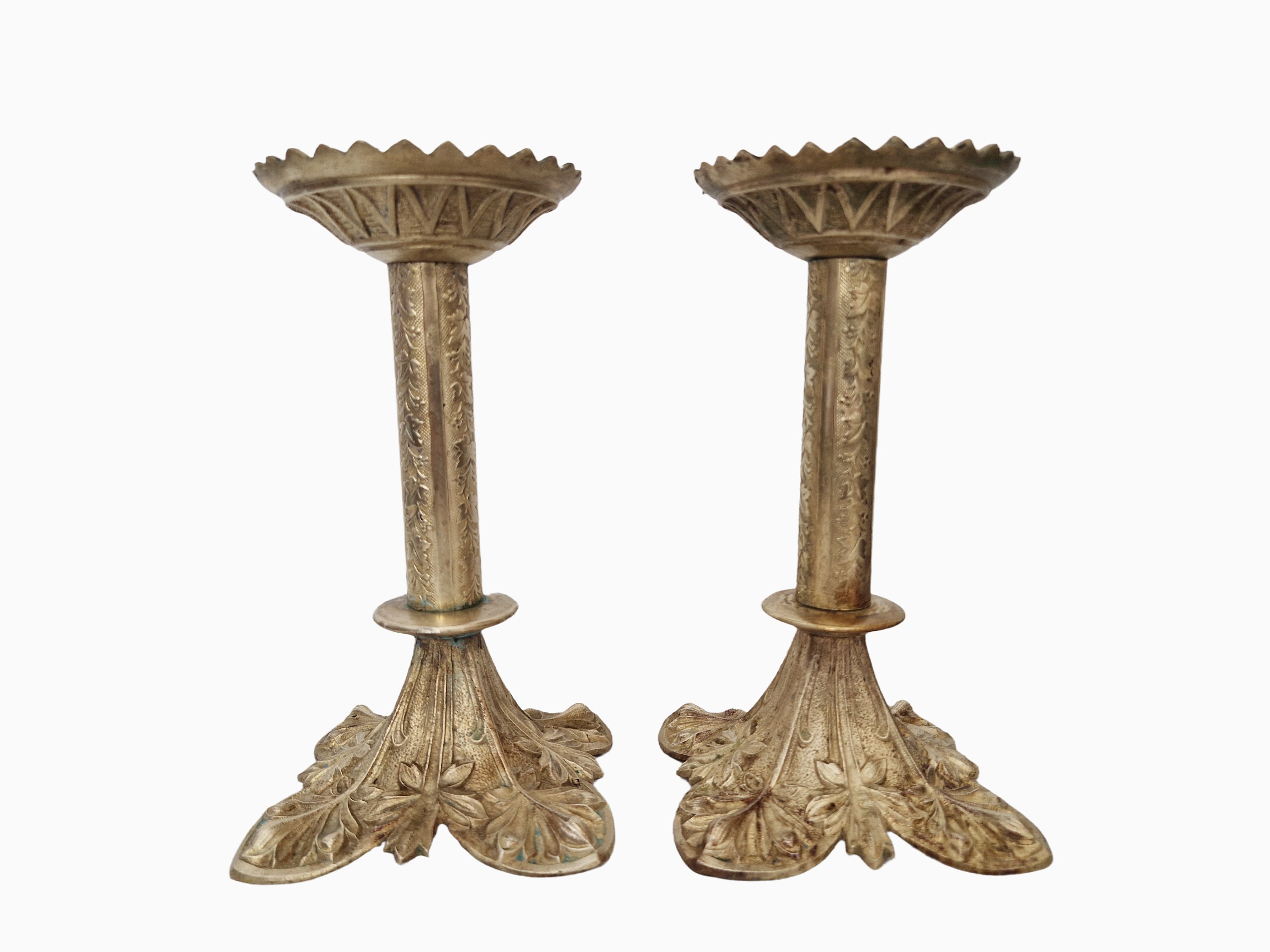 Brass Church Altar Candle Stick Holders, A Pair, Antique French Pillar