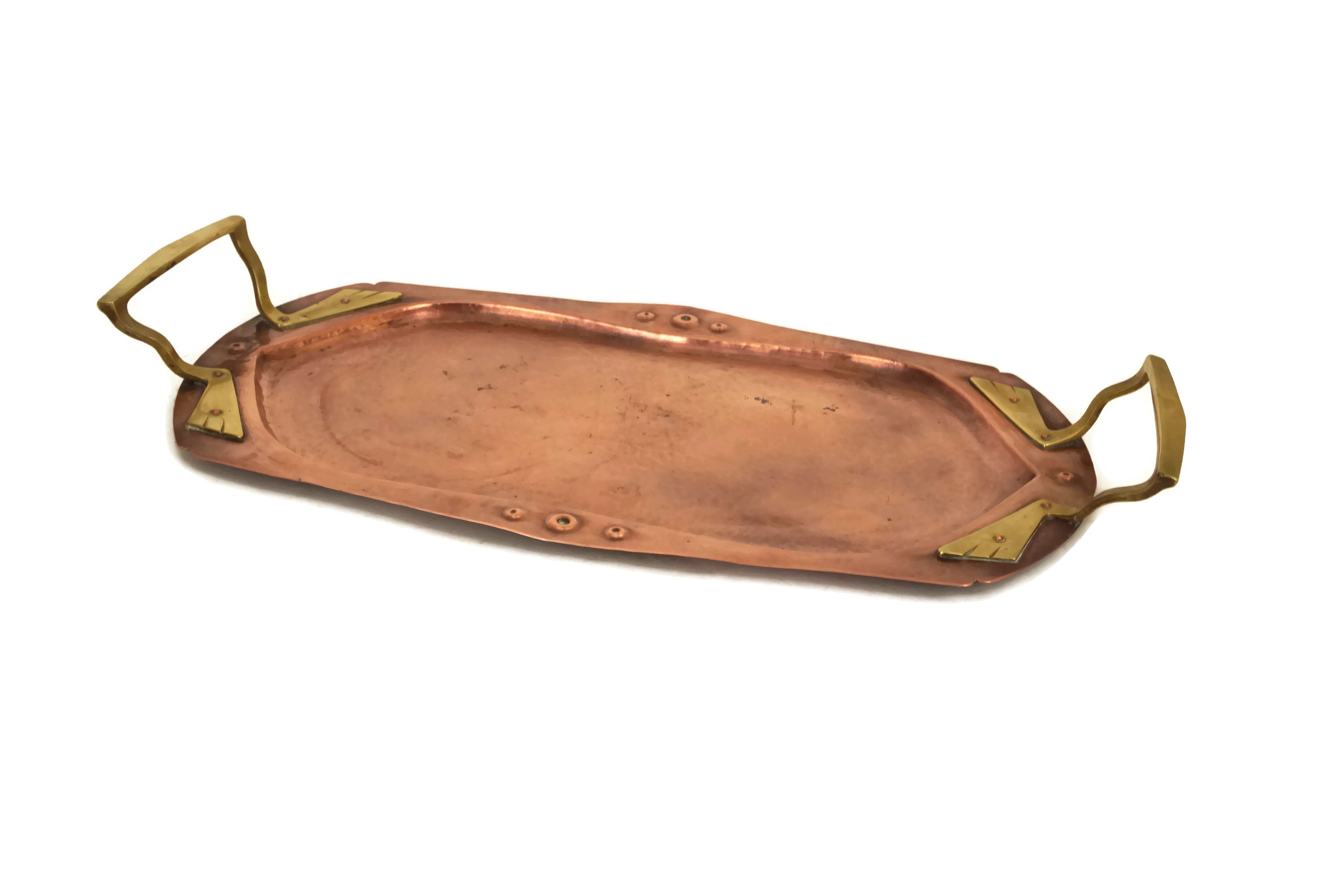 Arts and Crafts Copper Tray with Brass Handles, Hammered Metal Serving