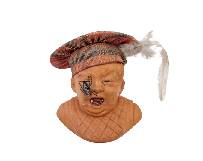 Antique French Terracotta Crying Baby Pincushion with Fly by Georges Dreyfus, Collectible Novelty Ceramic Child Bust Figurine