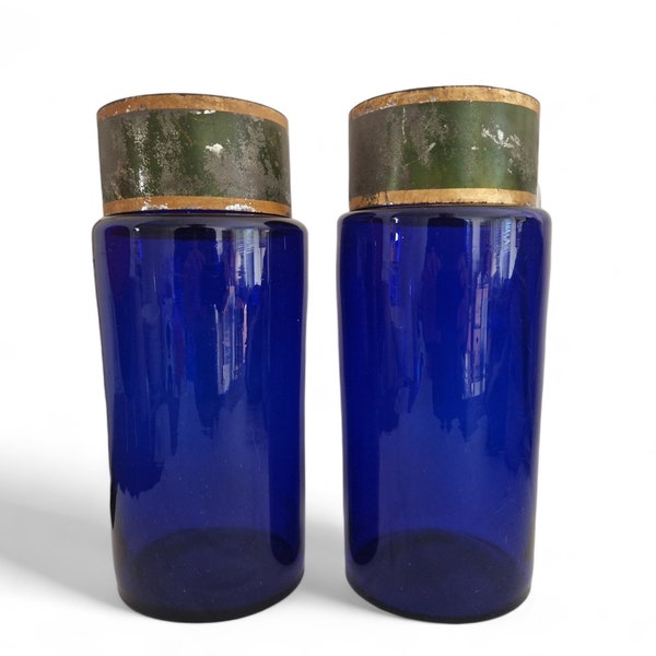 Kobaltblauwe glazen apothekerspotten, set van 2 met metalen deksels, antieke Franse apotheekflessen