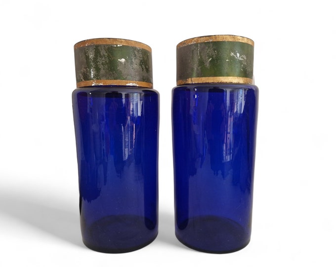 Cobalt Blue Glass Apothecary Jars, Set of 2 with Metal Lids, Antique French Pharmacy Bottles
