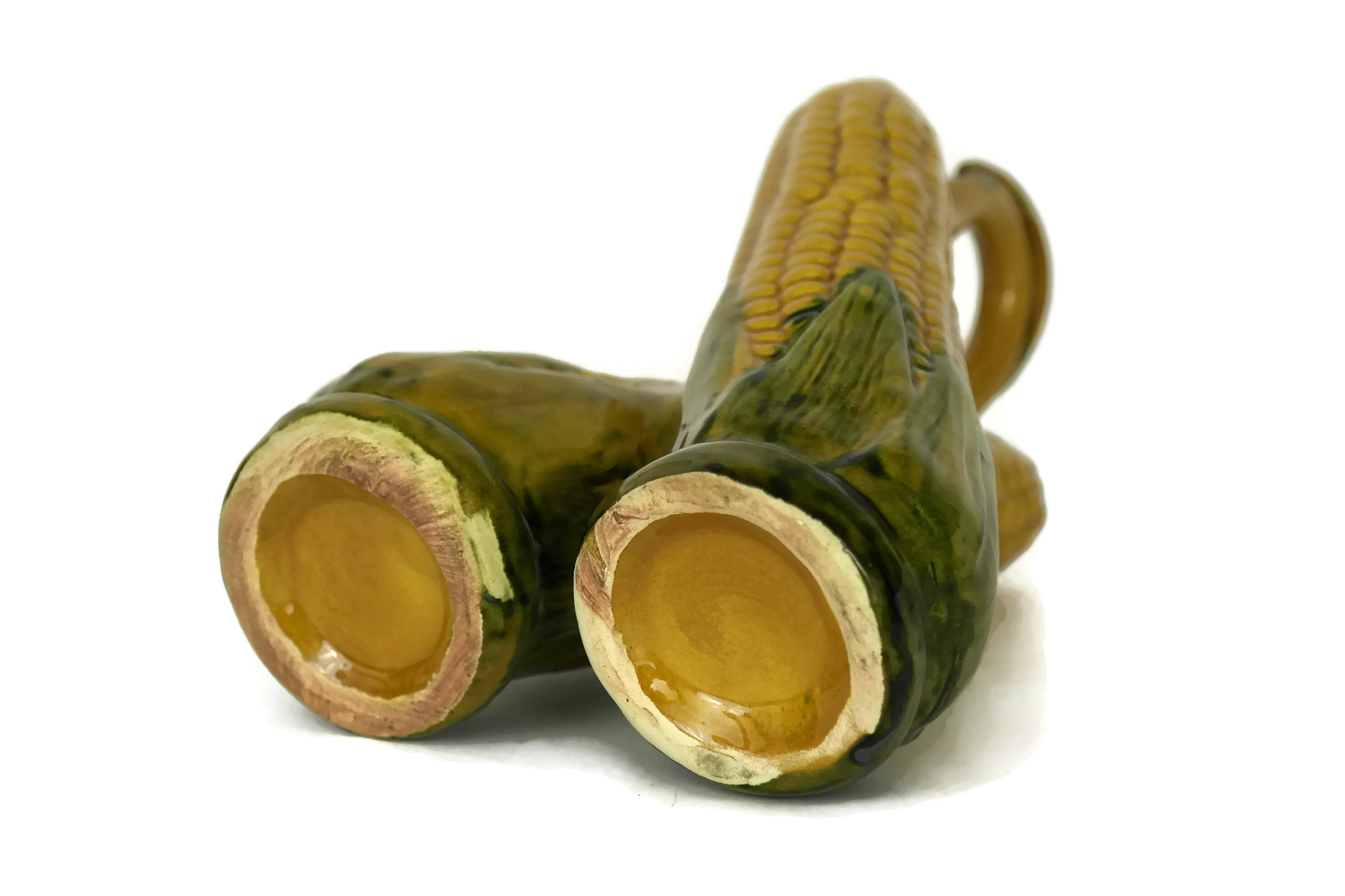 Majolica Corn Cob Oil and Vinegar Set. French Vallauris Olive Oil and