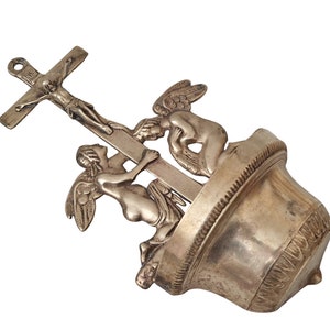 Vintage Brass Holy Water Font with Angels and Crucifix Wall Hanging image 2