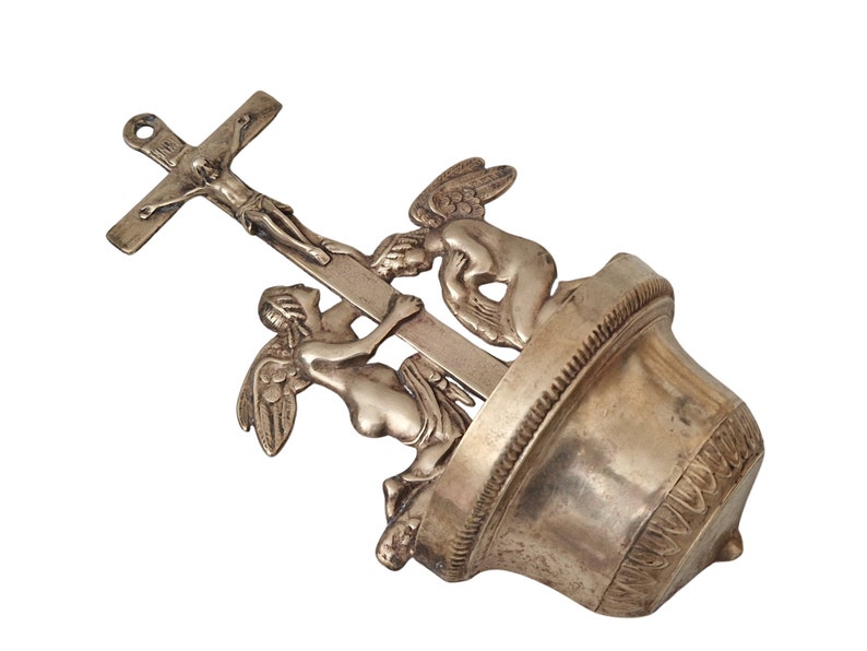 Vintage Brass Holy Water Font with Angels and Crucifix Wall Hanging image 2