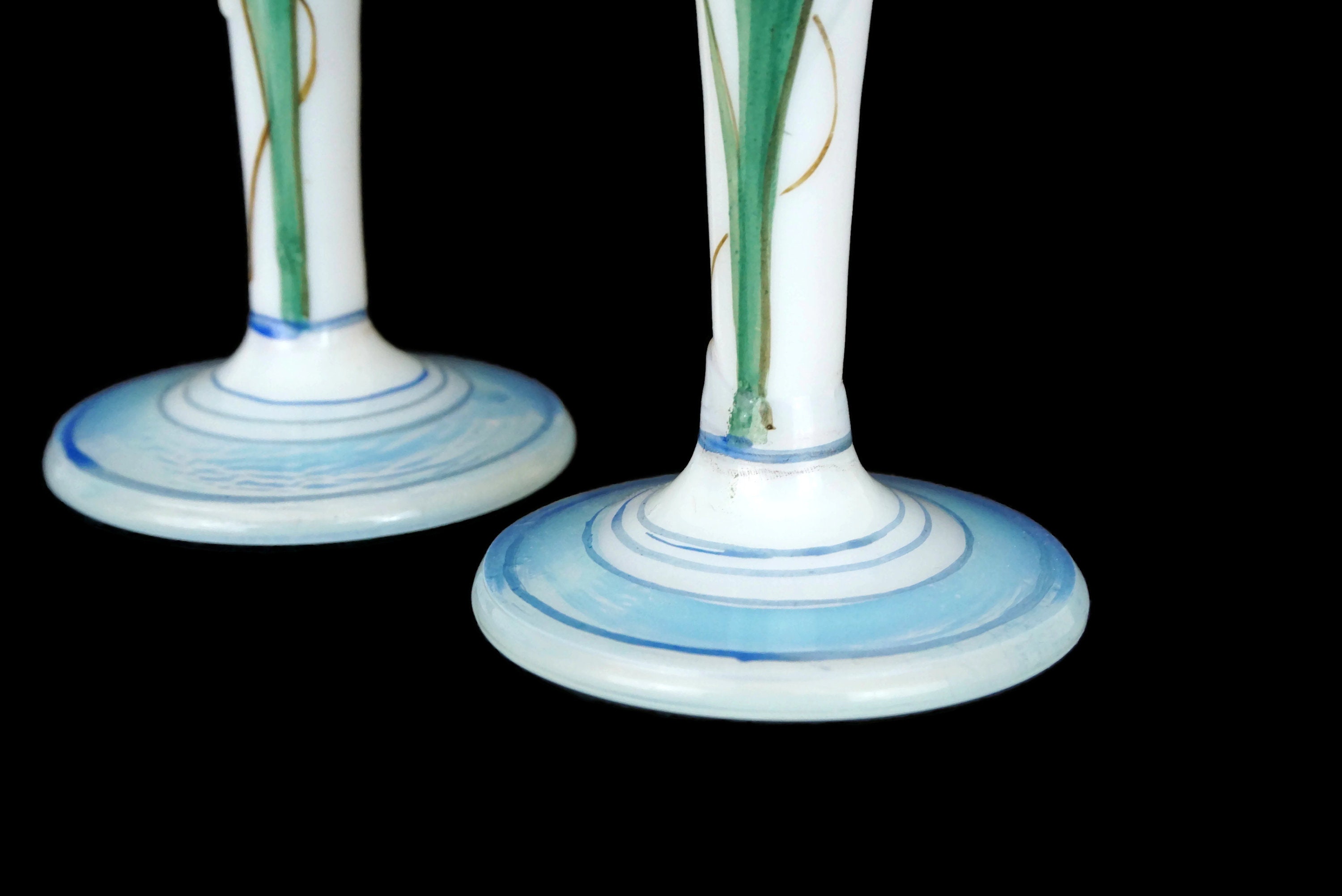 Opaline Art Glass Vases, Pair of Antique French Hand Painted Bud Vases