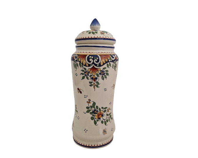 Vintage Desvres Faience Apothecary Jar with Rouen Decor, Hand Painted French Kitchen Storage Canister
