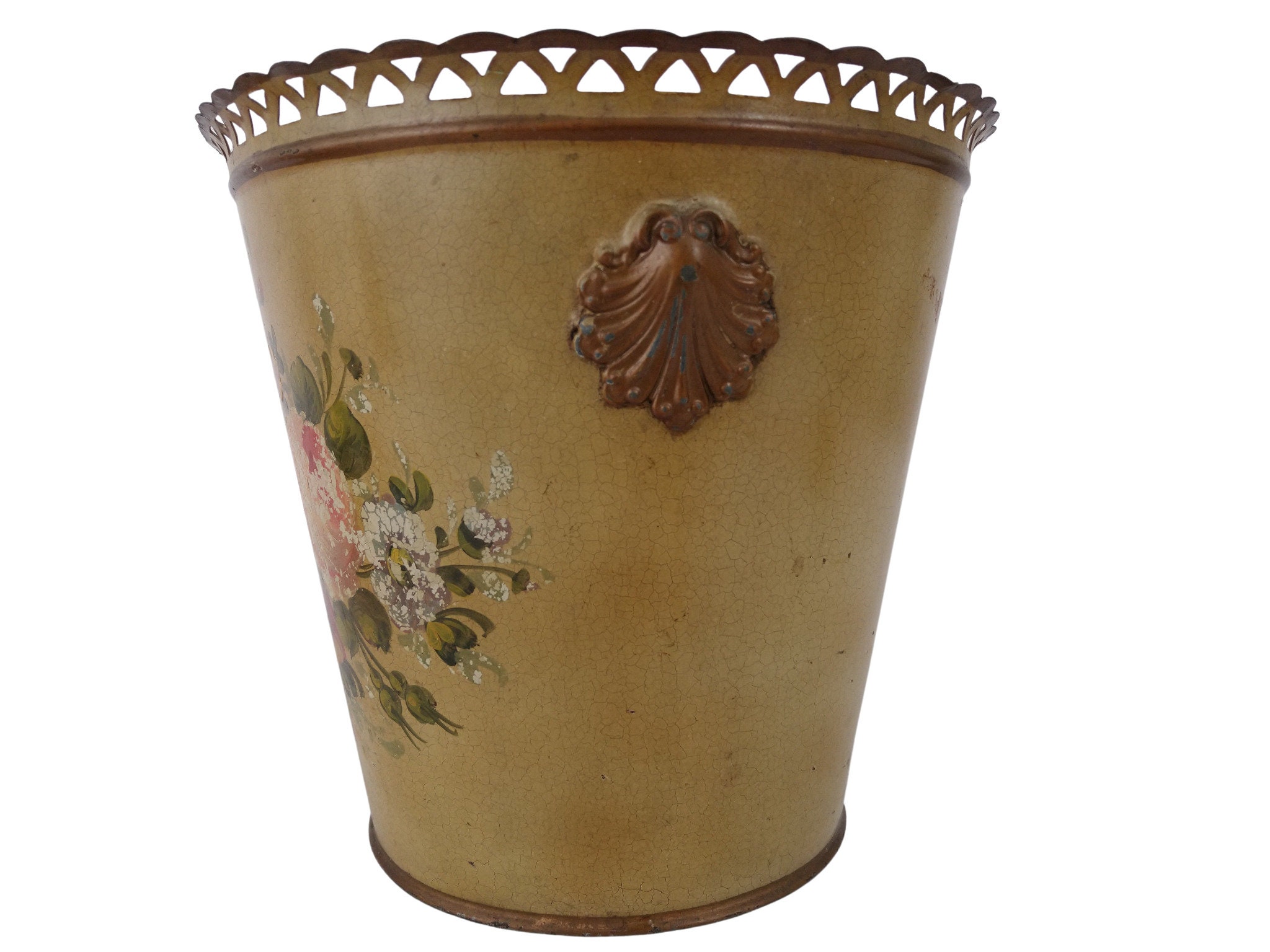 Antique French Tole Waste Basket, Hand Painted Flower Wastepaper Trash