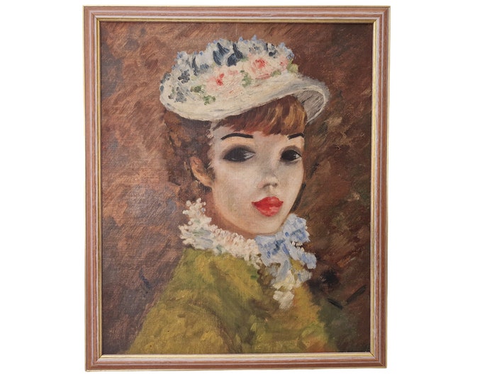 Romantic Young Girl Portrait Painting in Style of Suzanne by Cherry Jeffe Huldah, Vintage Reproduction Hollywood Regency Wall Decor