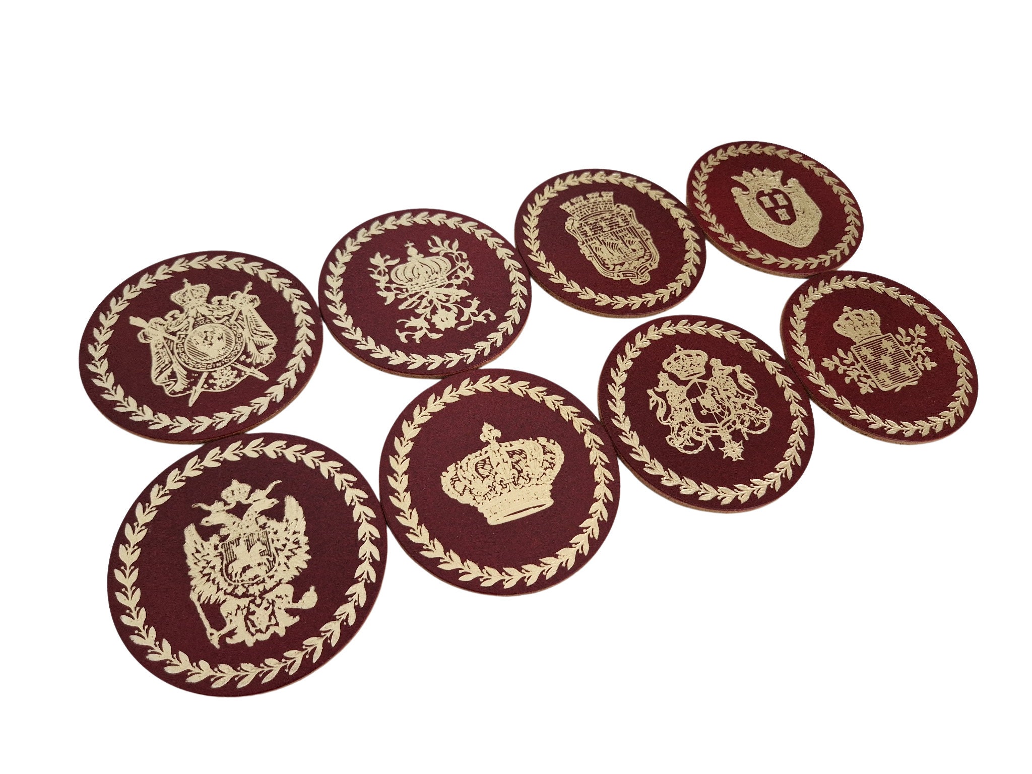Vintage Leather Drinks Coasters with Crowns and Heraldic Crest by Nessi