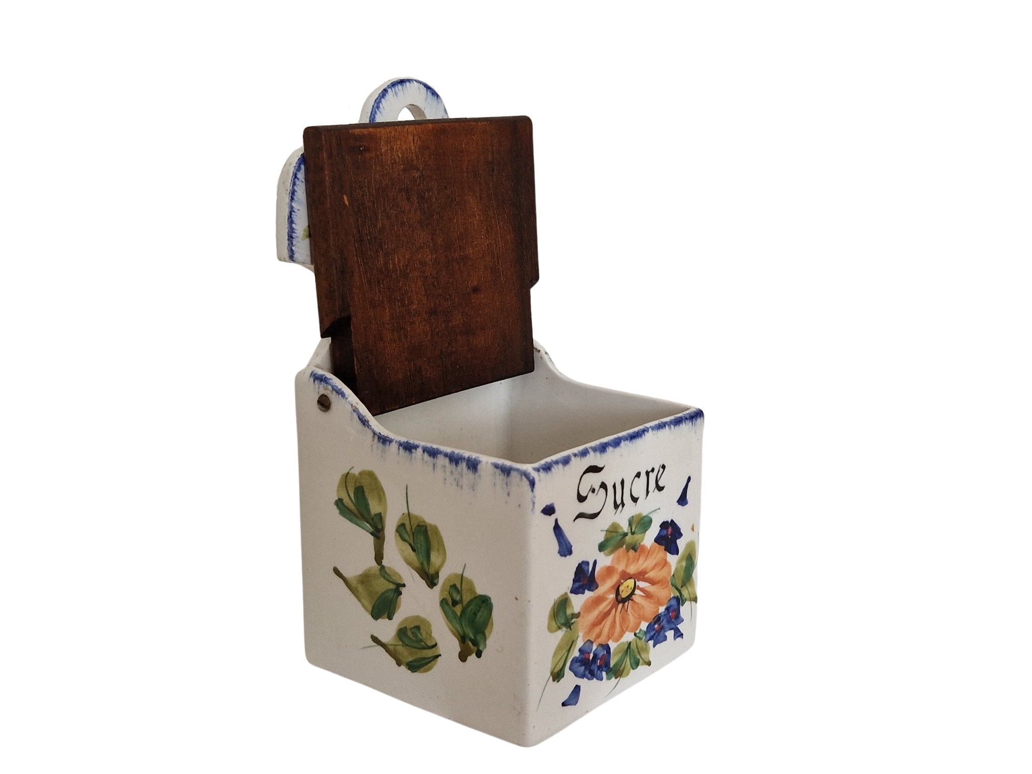 French Ceramic Sugar Canister with Hand Painted Flowers and Wooden Lid