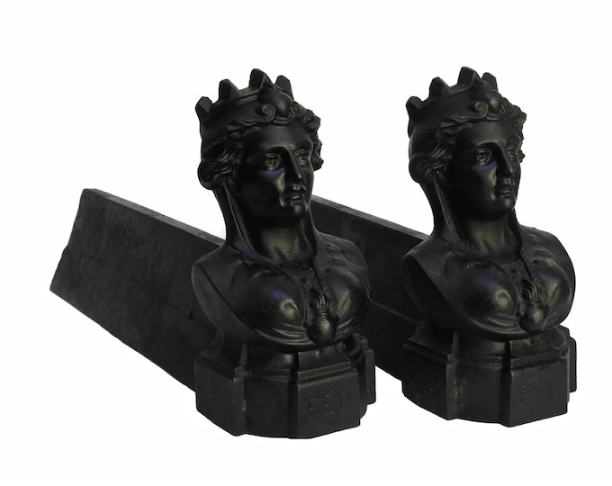 Cast Iron Queen Bust Andirons, Antique French Figural Firedogs