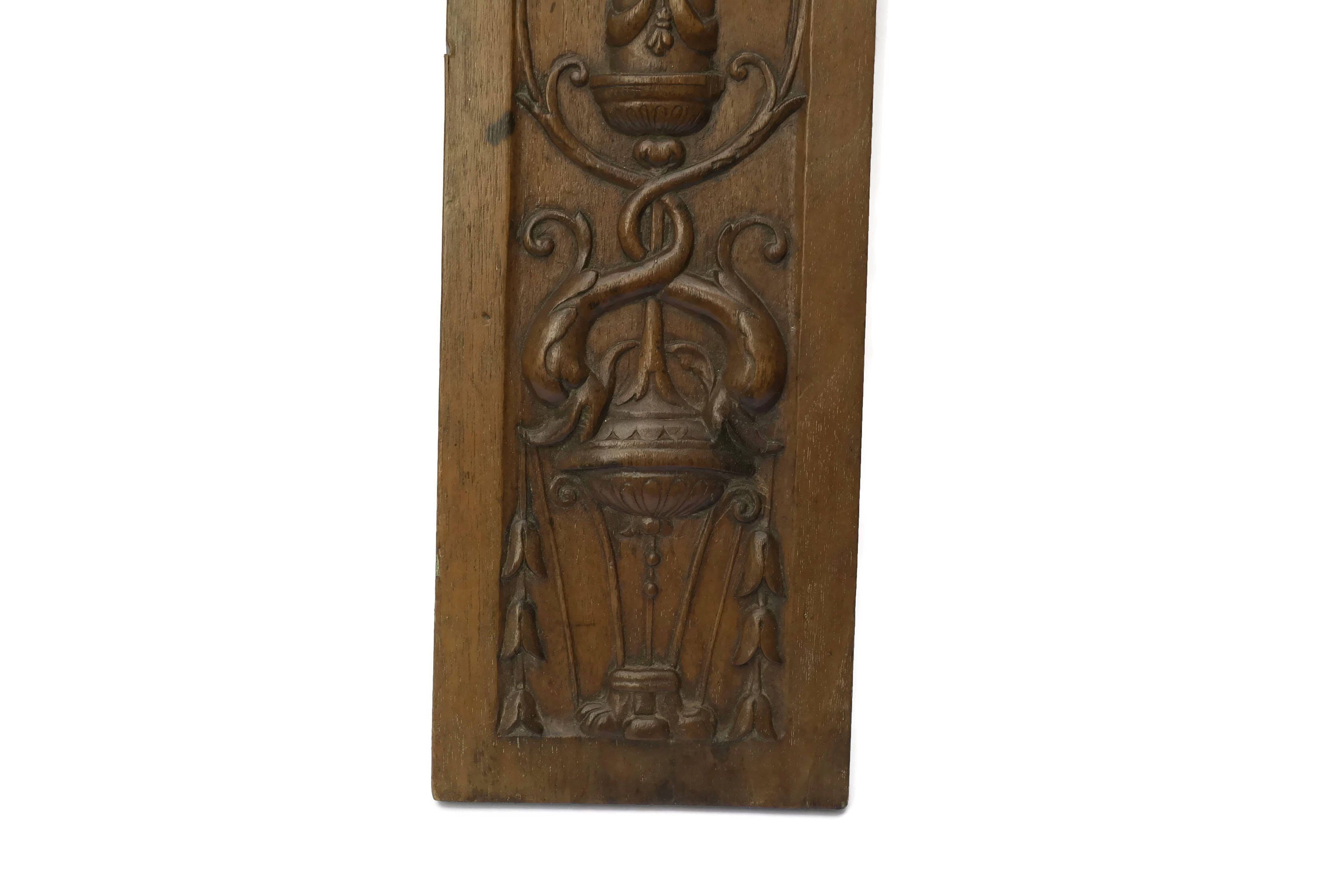 Carved Wood Panel. French Antique Wall Hanging with Flaming Torches and