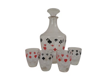 Ensemble de carafes et de verre à shot avec symboles de costume de carte à jouer, barware Français du milieu du siècle