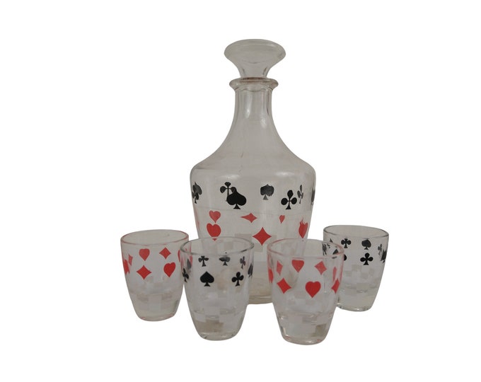 Decanter and Shot Glass Set with Playing Card Suit Symbols, Mid Century French Barware
