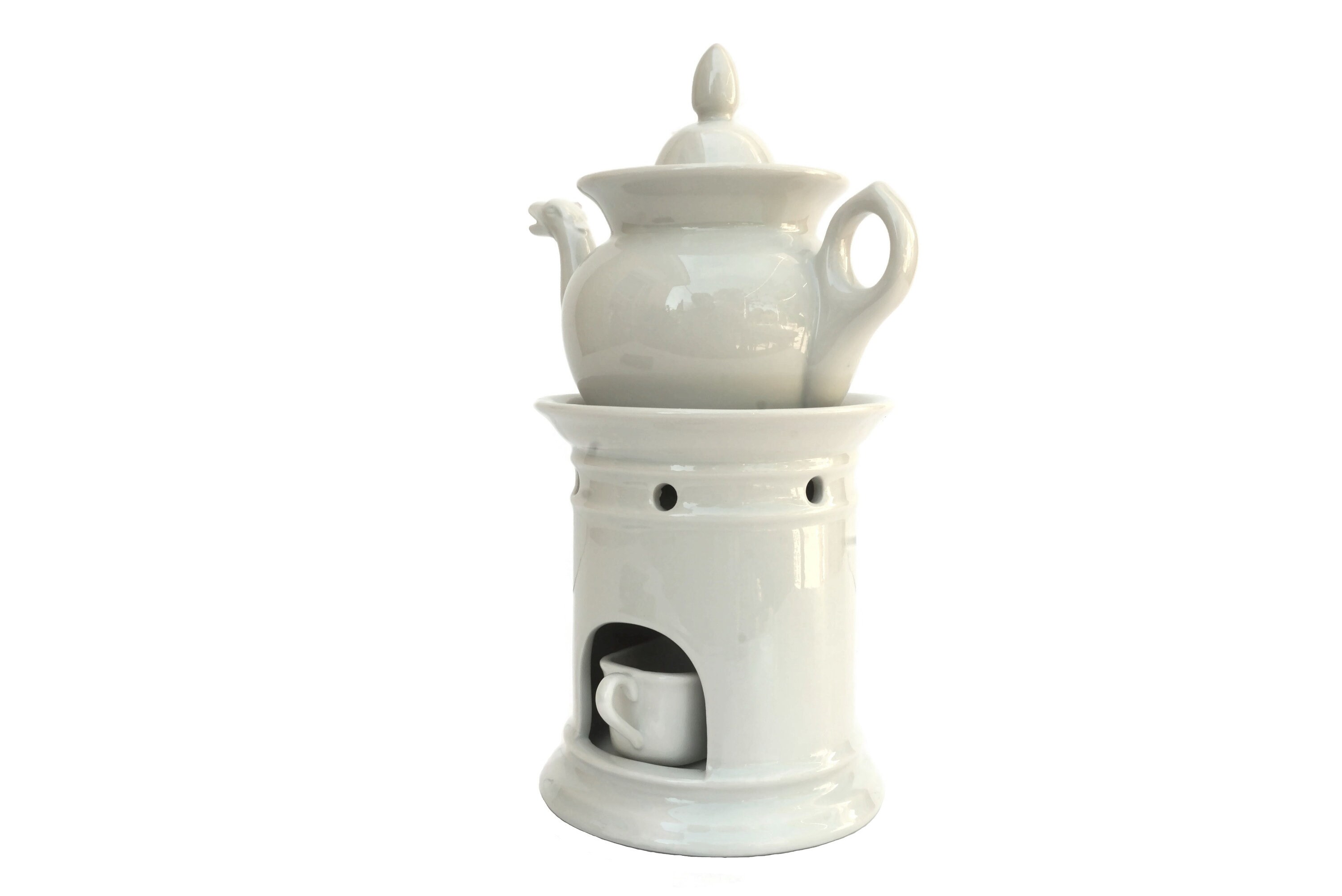 French Porcelain Teapot with Warmer Stand, Ceramic Veilleuse and Tisaniere