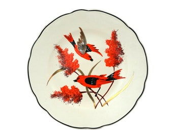 Art Deco Ceramic Plate with Hand Painted Cardinal Birds by Longwy, Vintage French Home Decor