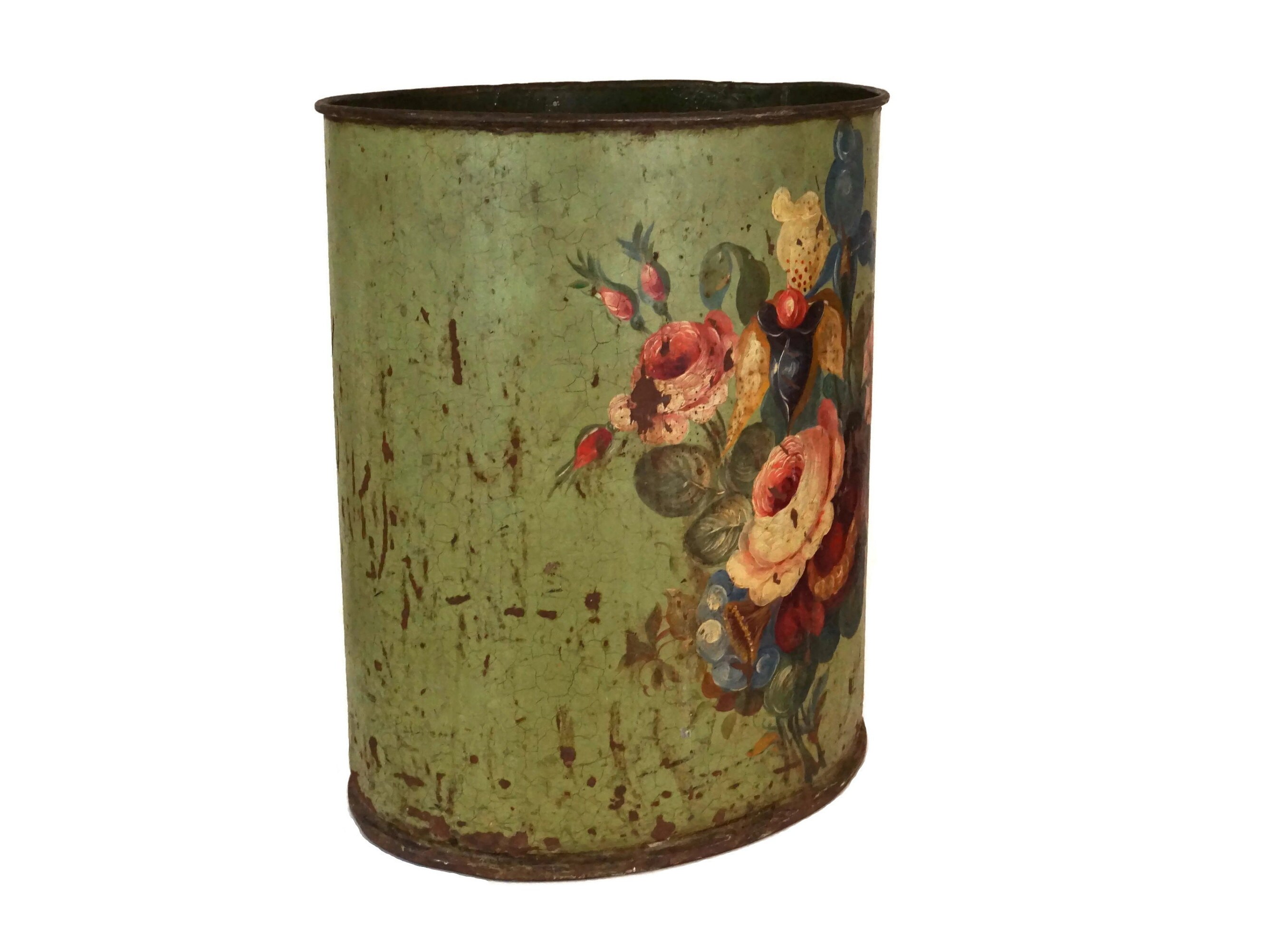 Antique French Tole Waste Basket, Hand Painted Flower Wastepaper Trash