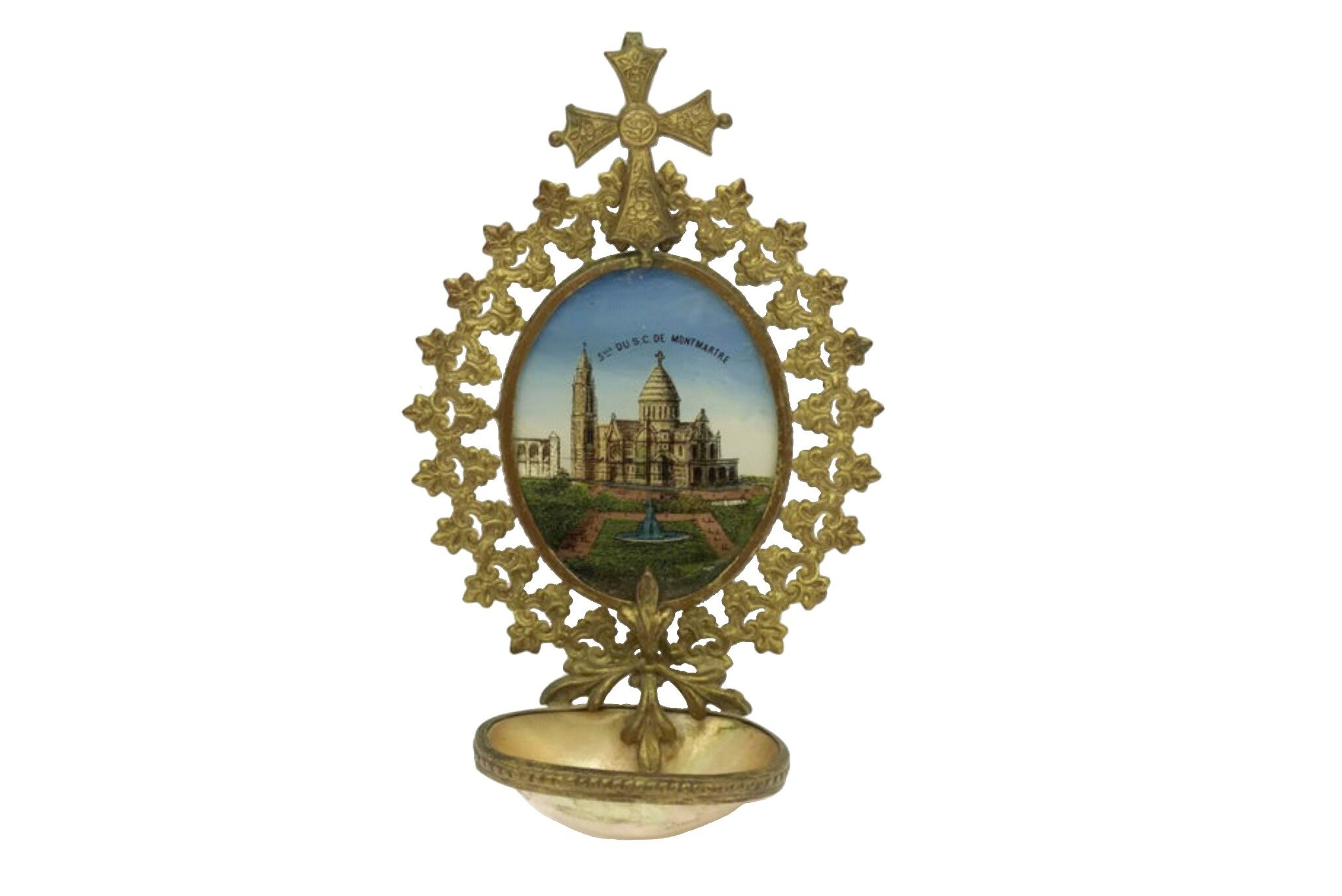 Antique Français Ormolu Holy Water Font, Souvenir de La Basilique Du Sacré-Cœur à Montmartre