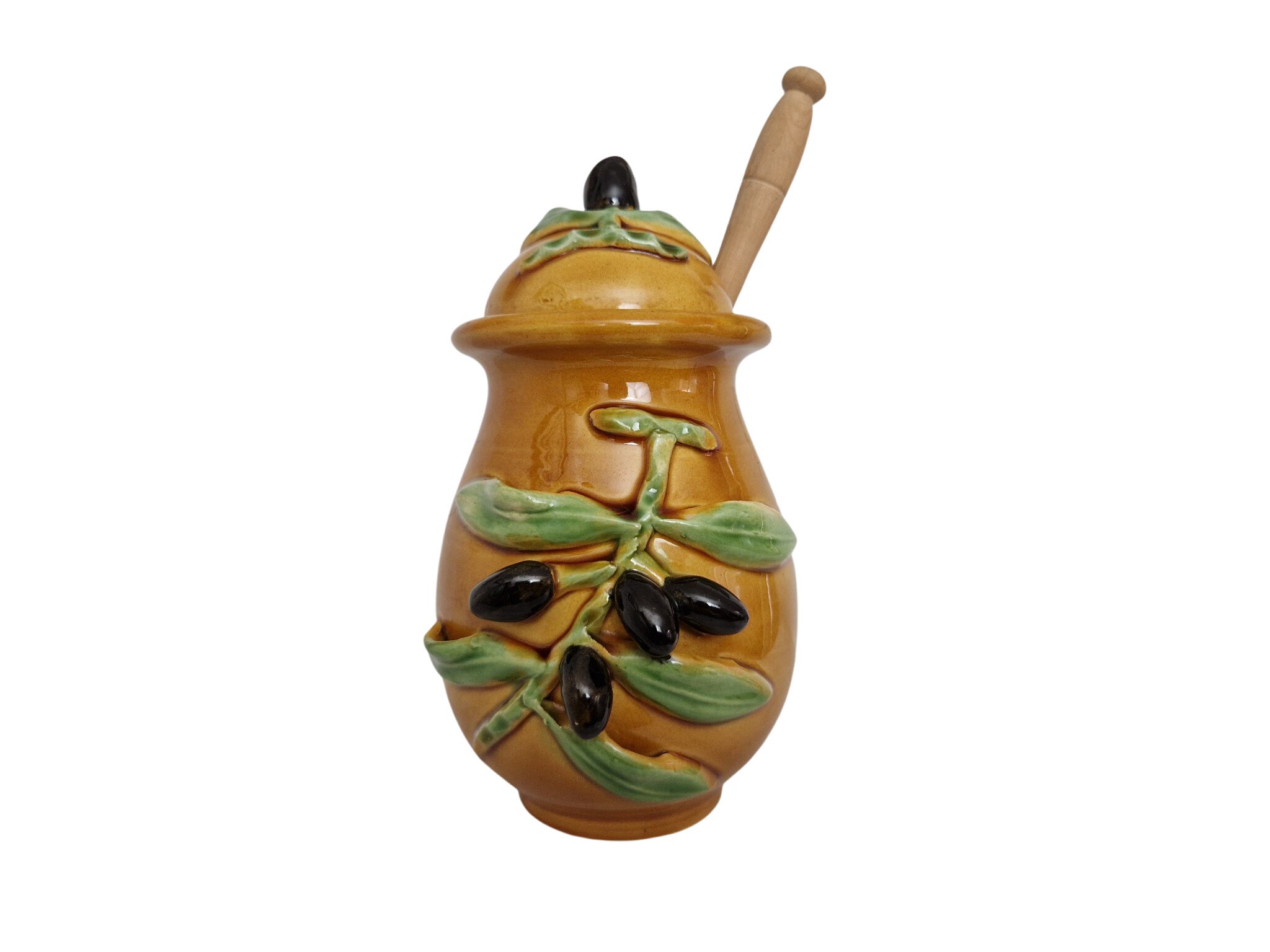 French Majolica Olive Jar with Wooden Ladle Spoon by Vallauris