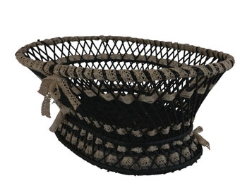 Antique French Wicker Basket with Ribbon Lace, Hand Woven Victorian Knitting Storage Bowl