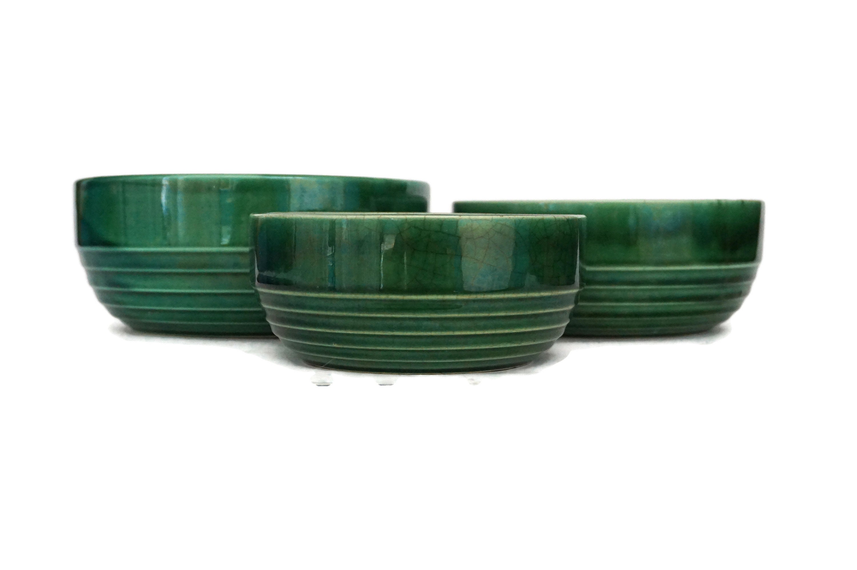 Green Ceramic Nesting Mixing Bowl Set, Vintage French Majolica Pottery