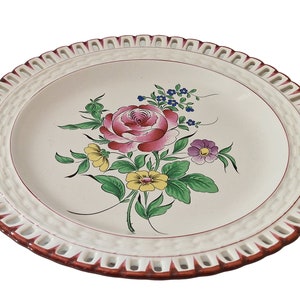 Hand Painted French Faience Plate with Roses and Lattice Cutwork Border, Country Kitchen Wall Hanging Decor image 2