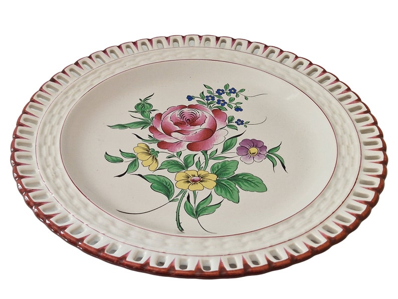 Hand Painted French Faience Plate with Roses and Lattice Cutwork Border, Country Kitchen Wall Hanging Decor image 2