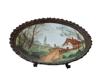 Antique Porcelain Ring Dish in Brass Metal Frame Stand with Hand Painted Country Landscape