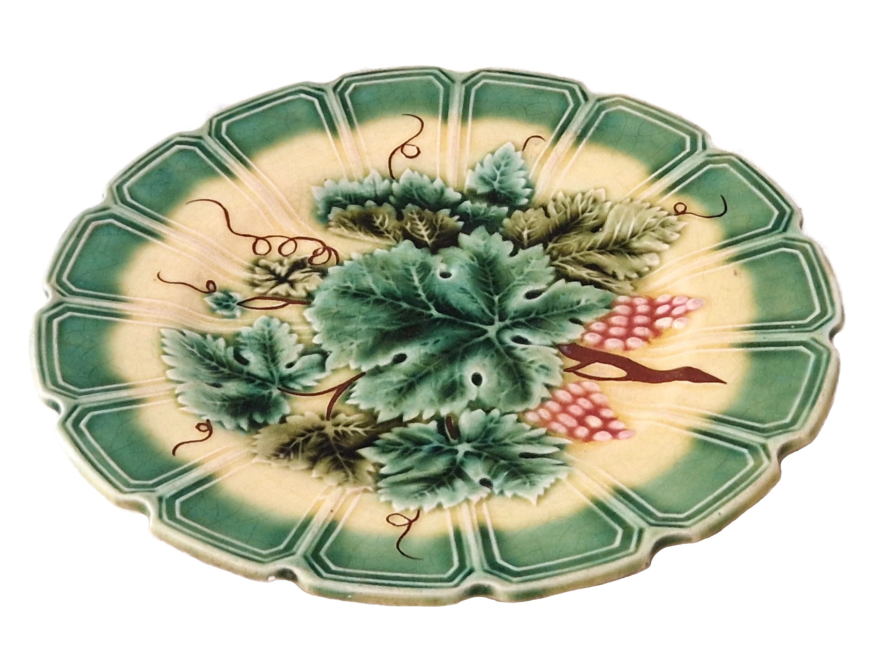 Antique French Majolica Vine Leaf Plate with Grape Bunches, Ceramic Sarreguemines Decorative
