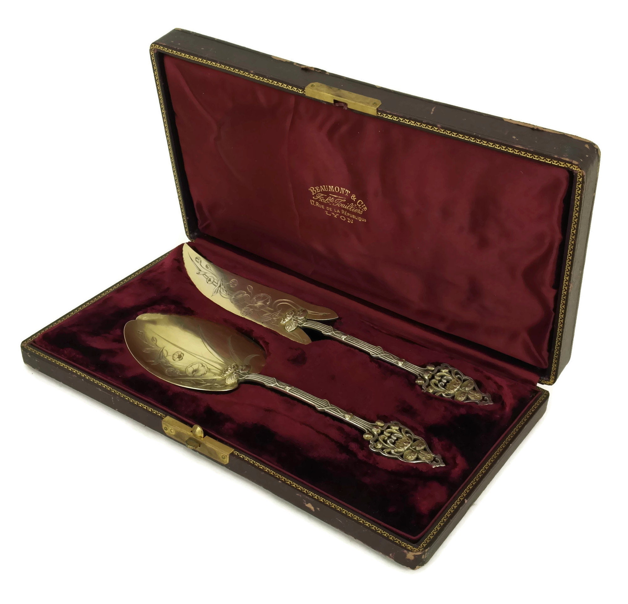 Antique Sterling Silver Cake Server Set with French Art Nouveau Flowers