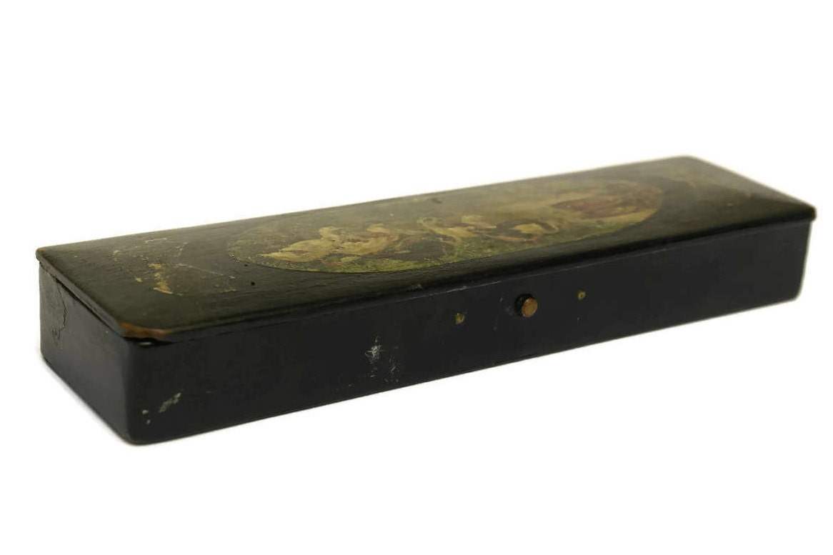 Antique Black Lacquered Pencil Box with Duck Art Print.