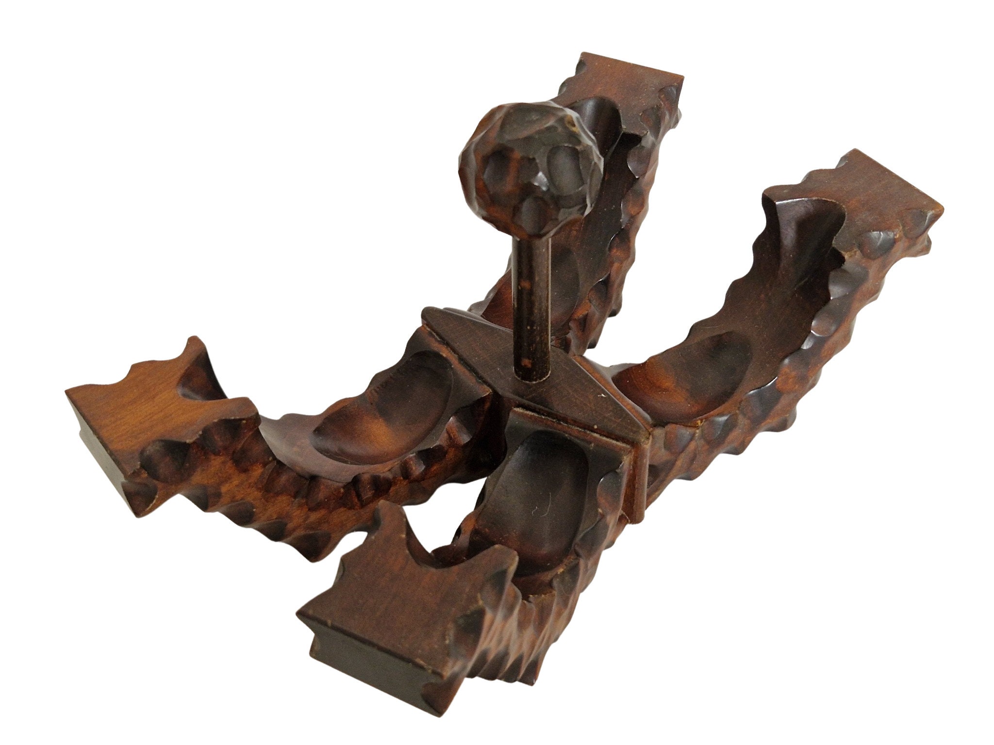 Mid Century Brutalist Wooden Pipe Holder & Rest Stand, French Vintage