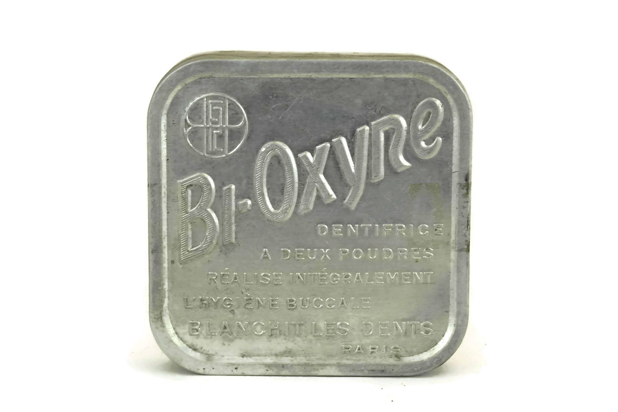 French Vintage Bioxyne Toothpaste Powder Box. Aluminum Pharmacy Tin Box