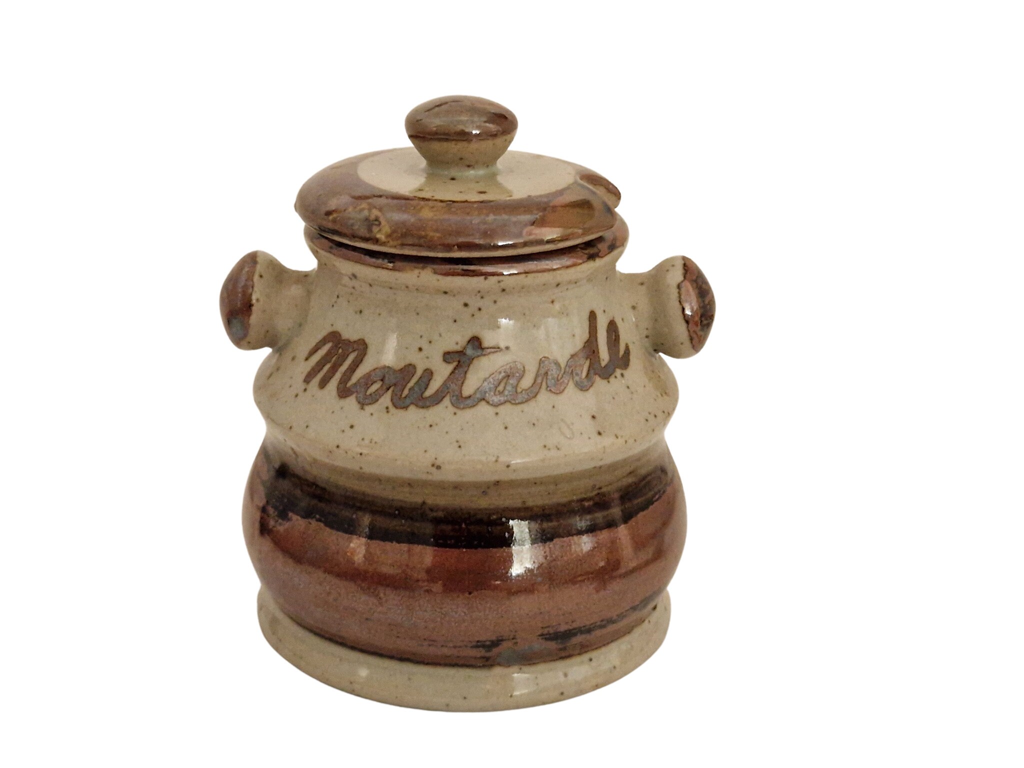 Earthenware French Mustard Pot with Spoon, Vintage Gres Paysan Pottery