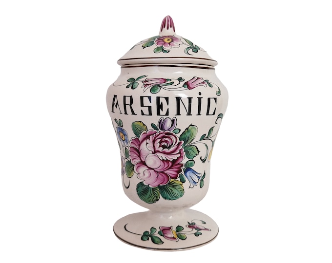 Vintage French Arsenic Apothecary Jar, Pottery Pharmacy Poison Bottle with Hand Painted Flowers