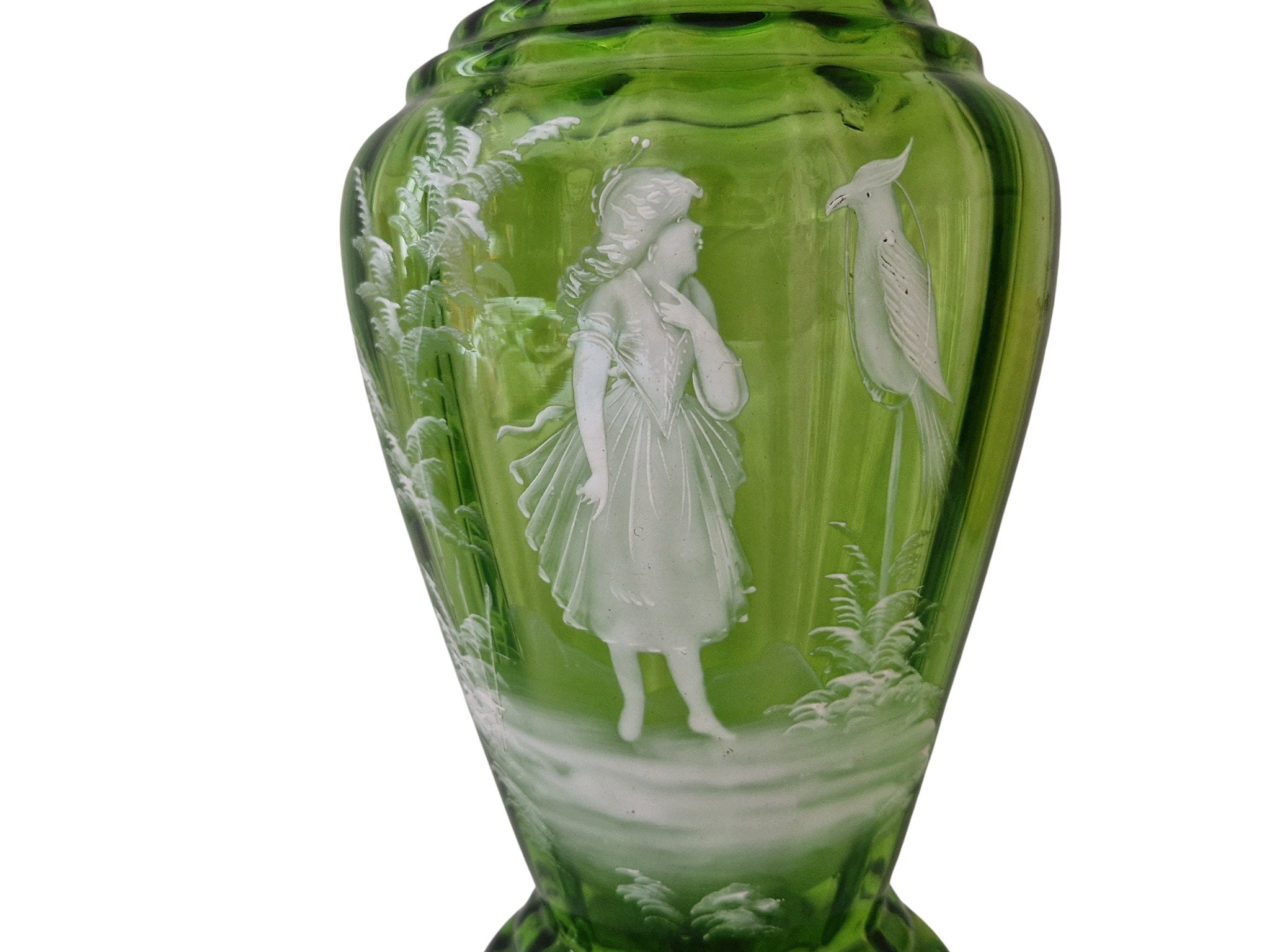 Antique Mary Gregory Green Glass Vase with Girl and Parrot Hand Painted