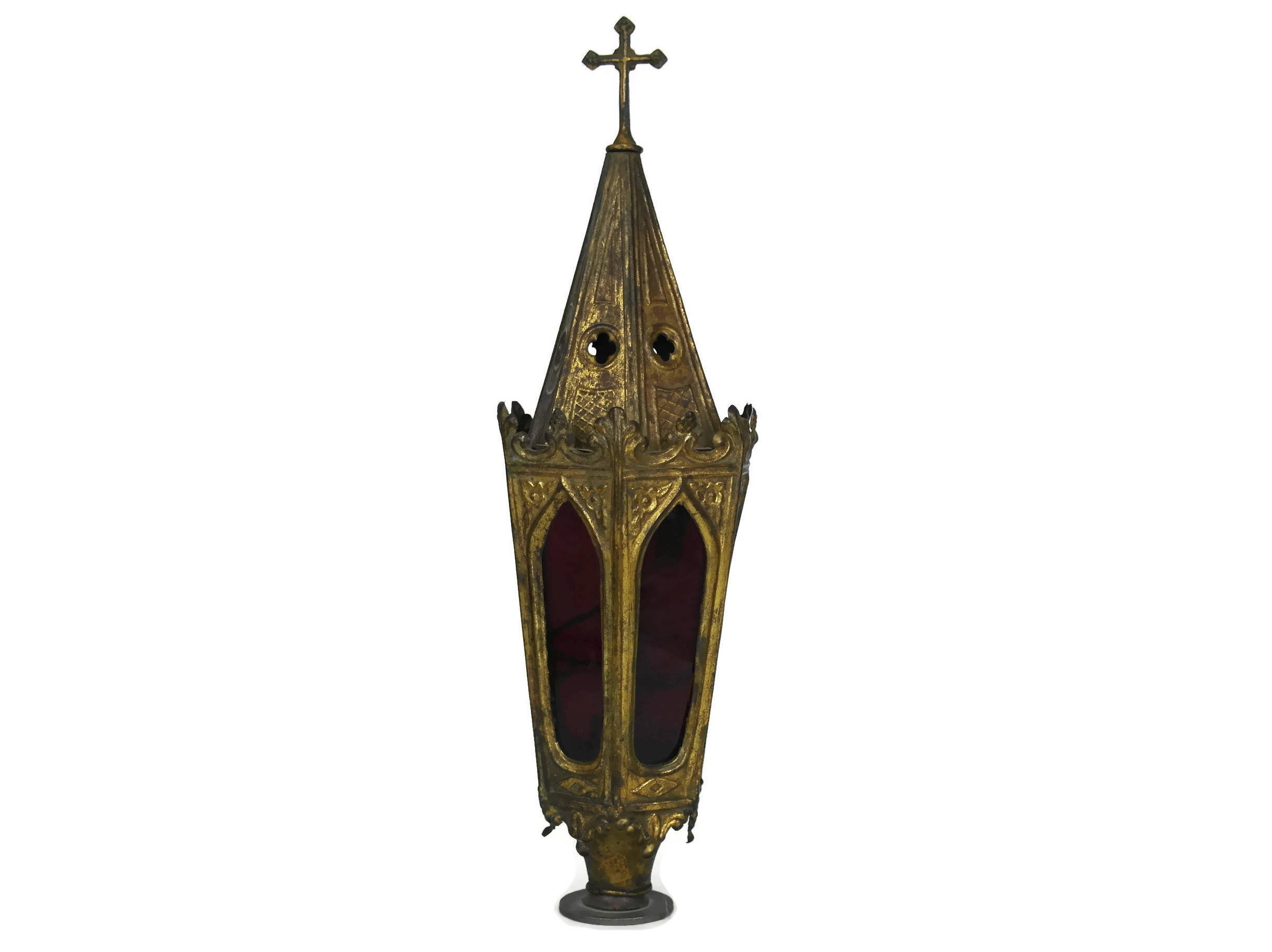 Antique Gothic Church Processional Lantern. French Catholic Lamp With