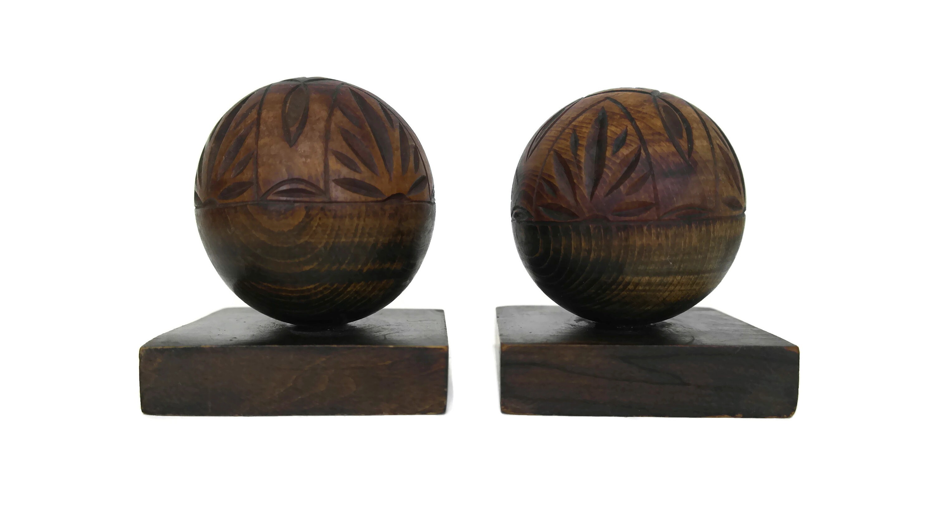 Hand Carved Wood Ball Bookends, French Art Deco Wooden Spheres with