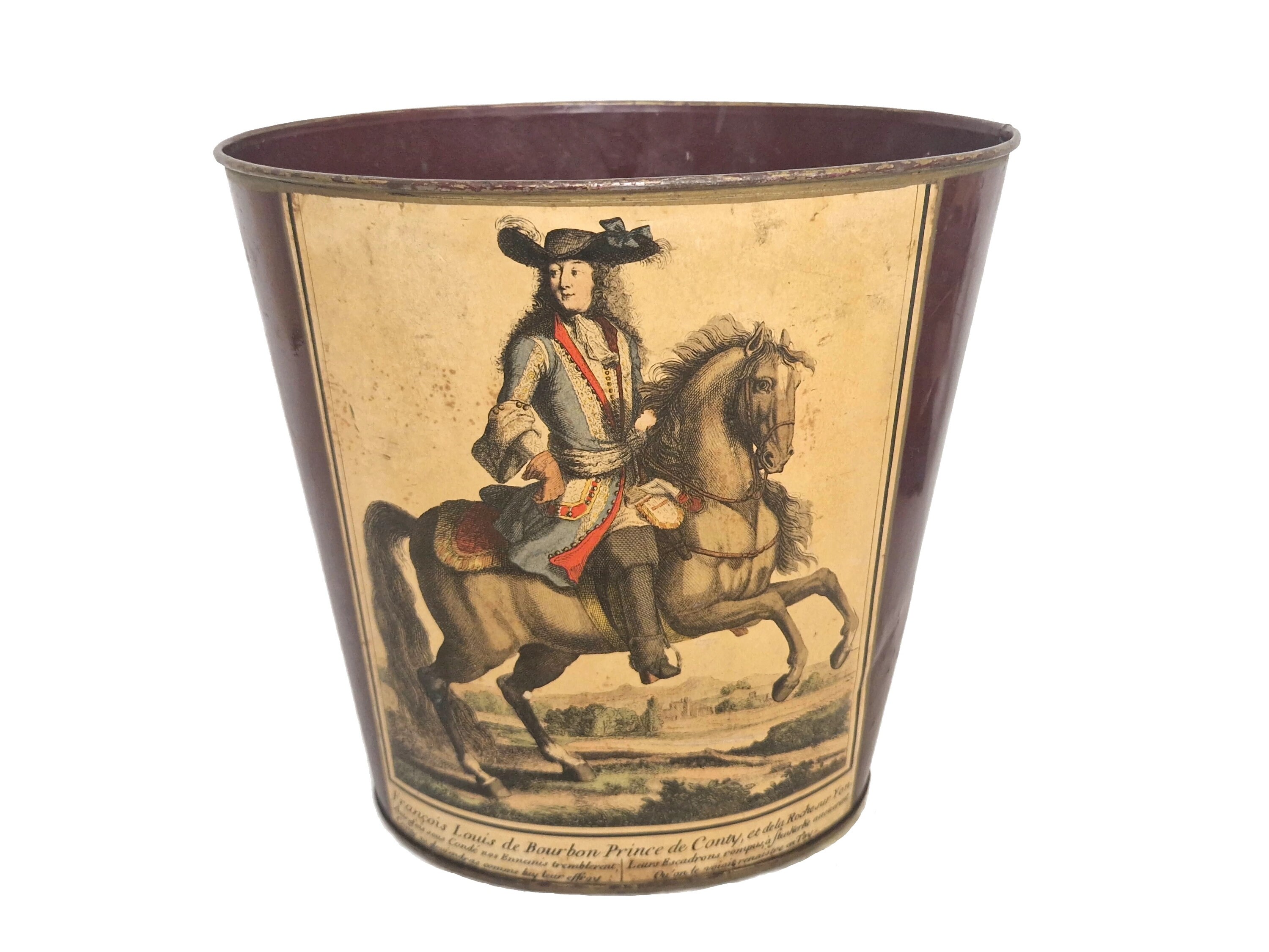 French Tole Waste Basket with Antique Style Decoupage Portrait of