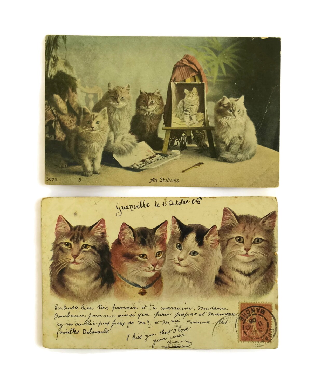 Antique French Kitten Postcards. Set of 4 Cat Art Cards. Cat Postcard