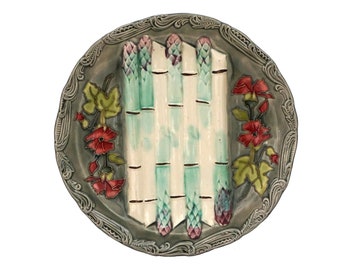 French Majolica Asparagus Plate with Flowers, Antique Longchamp Ceramic