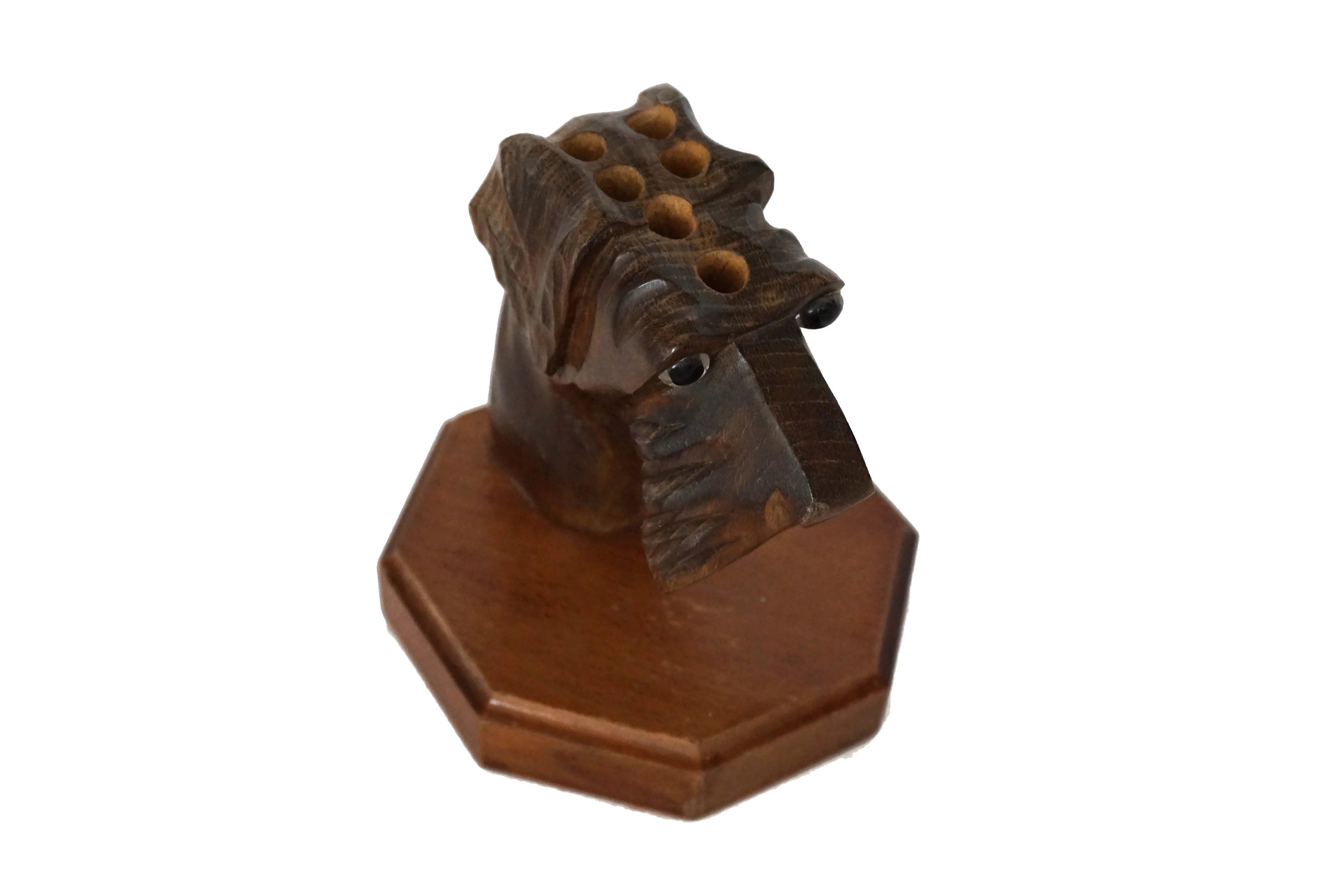 Art Deco Figurine Pencil Holder, French Antique Hand Carved Wood Terrier